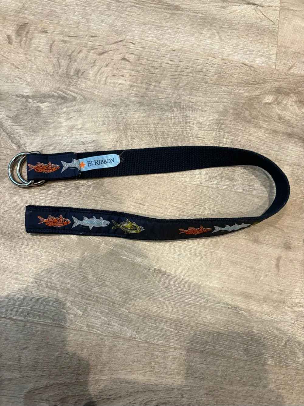 BeRibbon Kids Navy Fish Embroidered D-Ring Belt